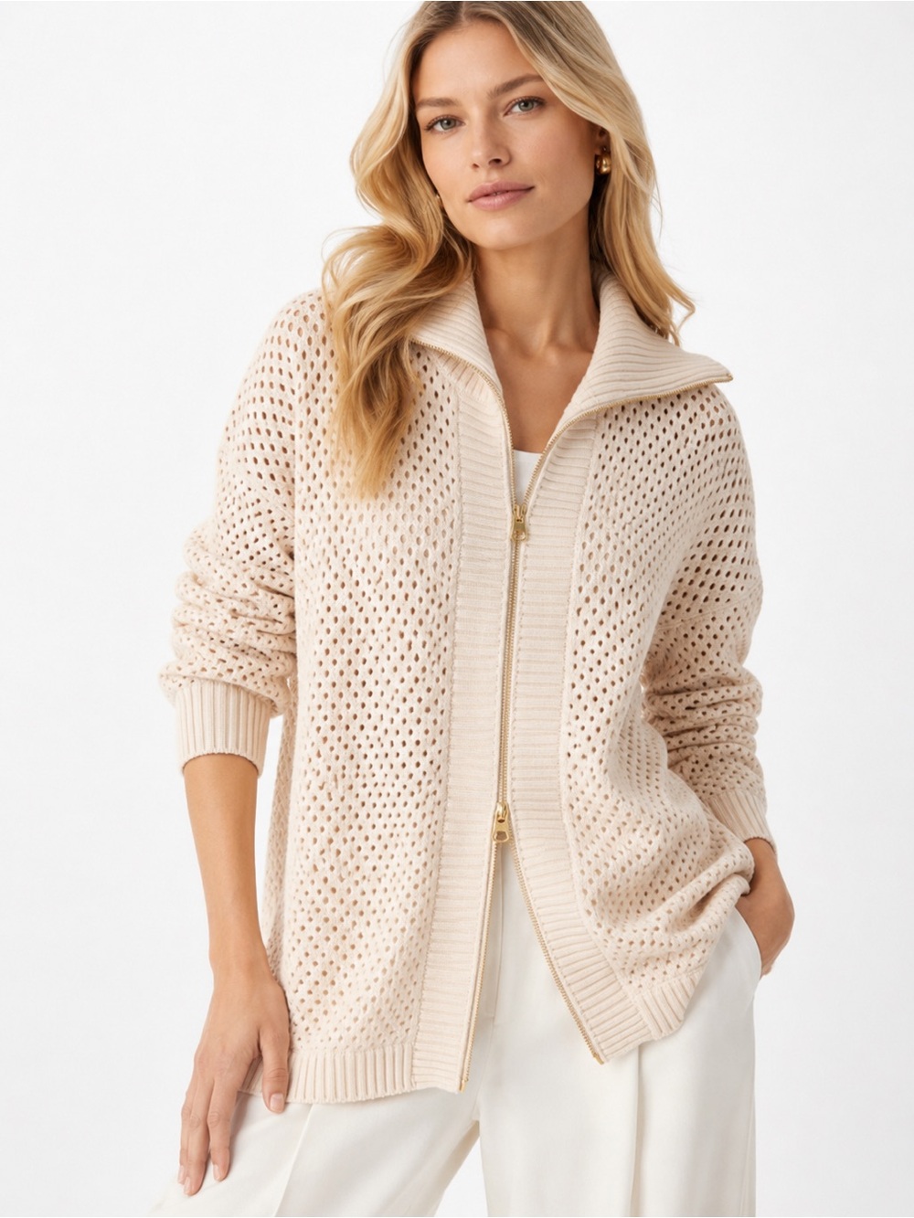 Varley Cassady Knit Jacket Beige Zip Cotton Sweater Large NWOT